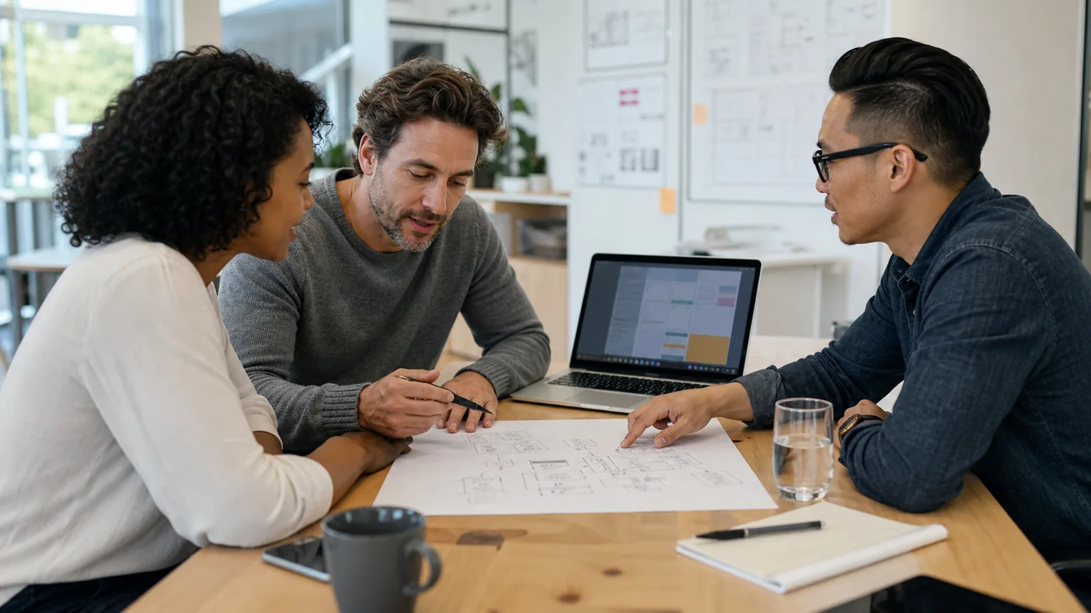 Business and technology specialists shaping a custom software idea together.