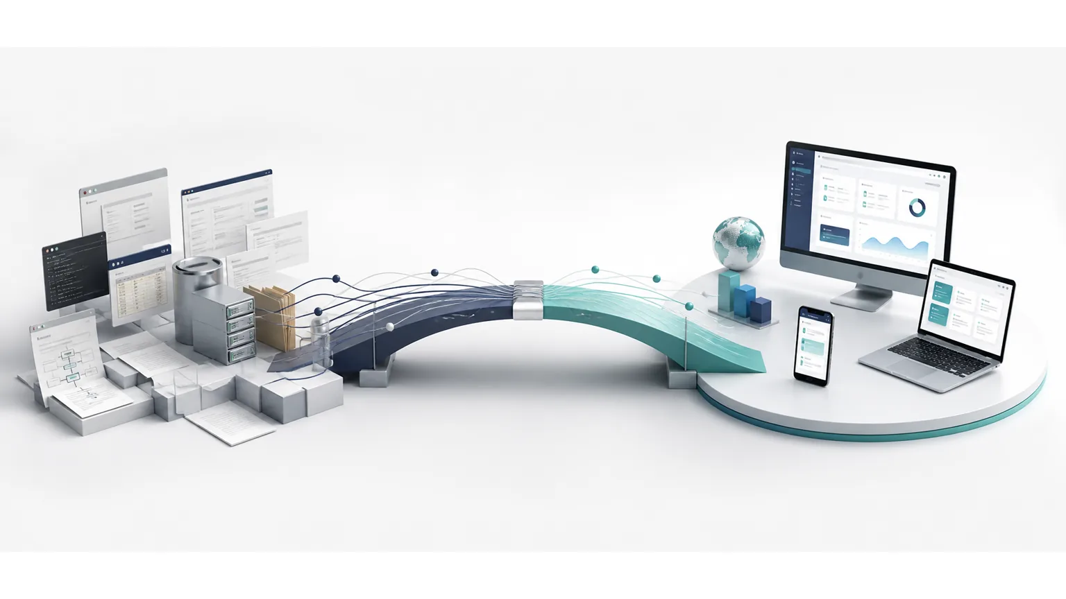 A staged path connecting fragmented legacy systems to a coherent modern digital platform.
