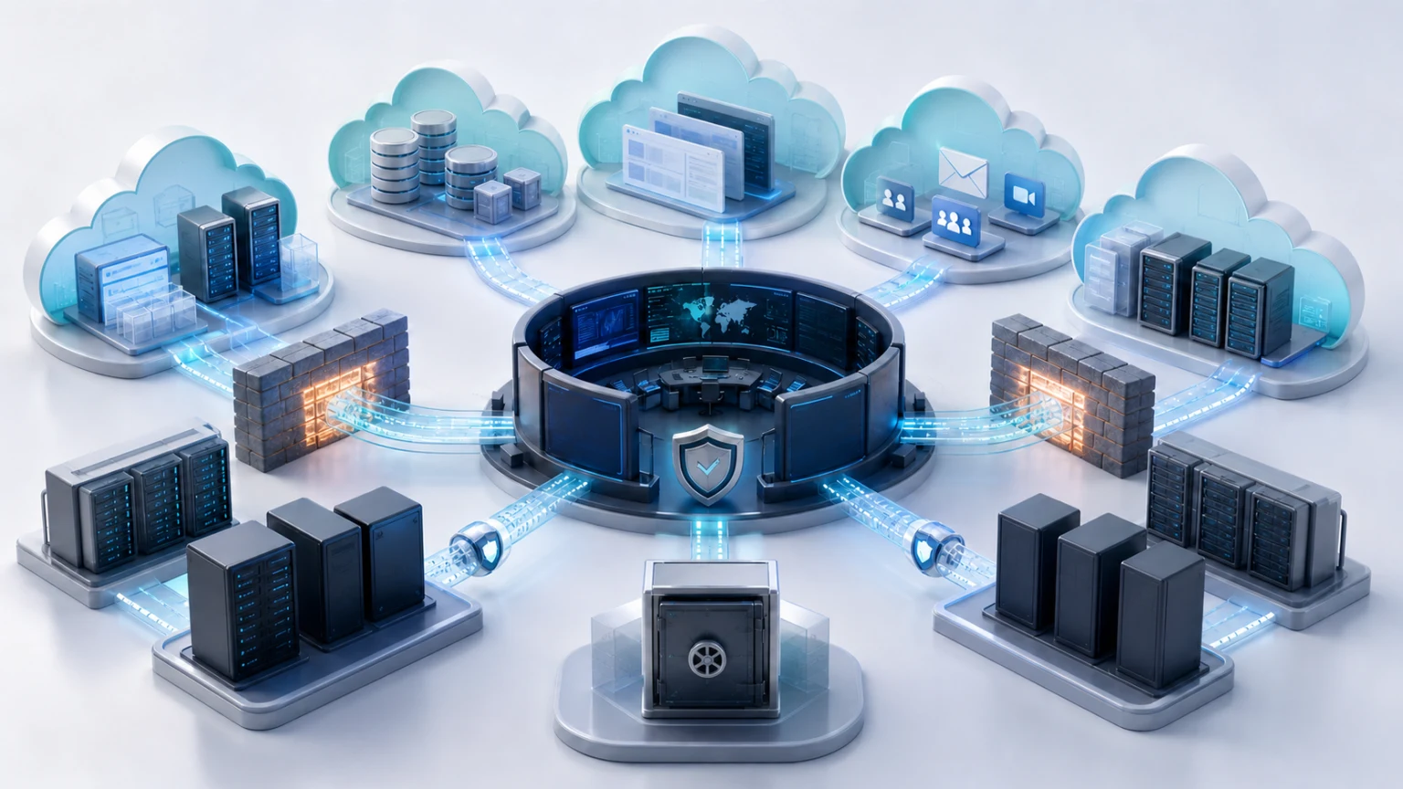 Layered managed cloud and server environment connecting applications, databases, firewalls, monitoring, and protected backups.