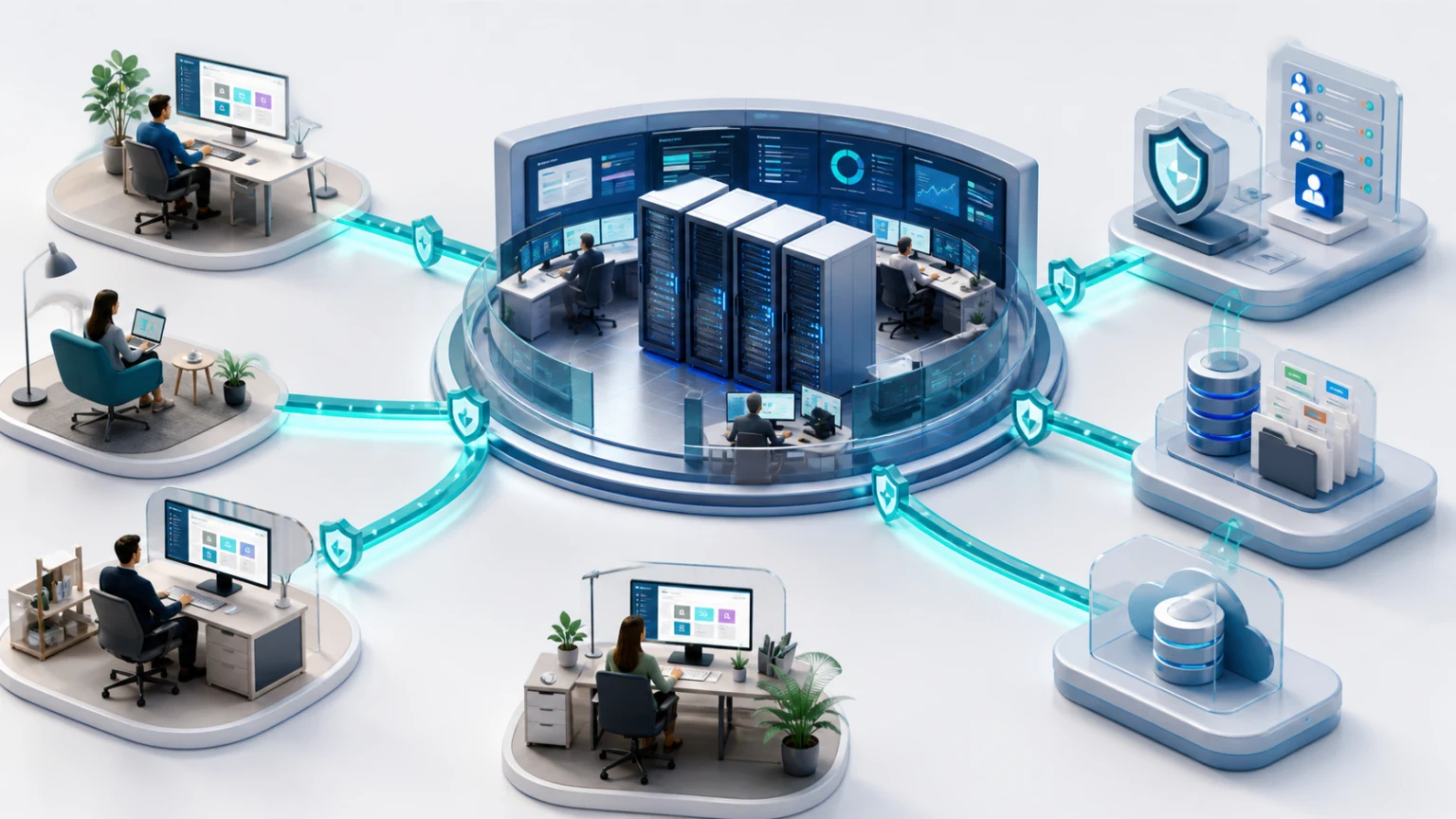 Remote employees connecting through protected paths to a centrally managed server workspace with role-based access and backups.