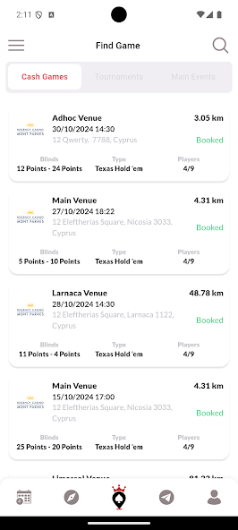 Pokerload mobile app event booking interface