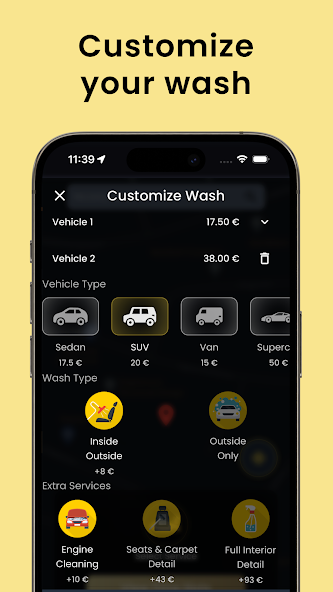 SteamIt Cy mobile app wash customization and vehicle-based pricing