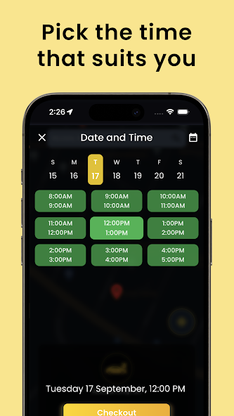 SteamIt Cy mobile app date and time selection for a car wash booking